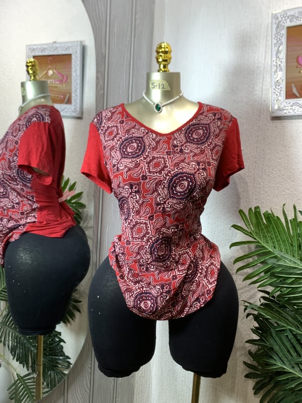 Women's V-Neck Paisley Print Casual Red Short Sleeve Top
