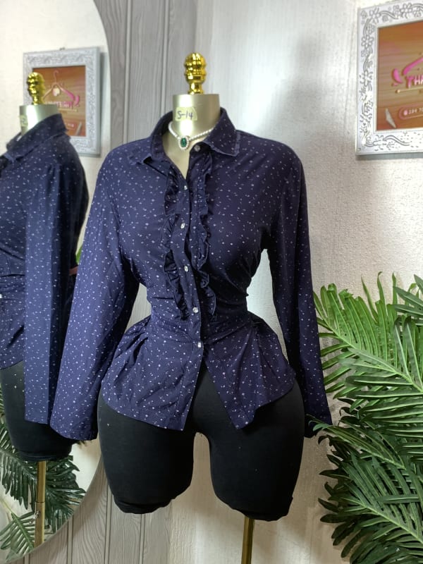 Women's Navy Blue Ruffled Floral Print Peplum Button-Down