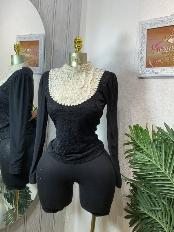 Elegant Black Lace Long-Sleeve Mock Neck Top