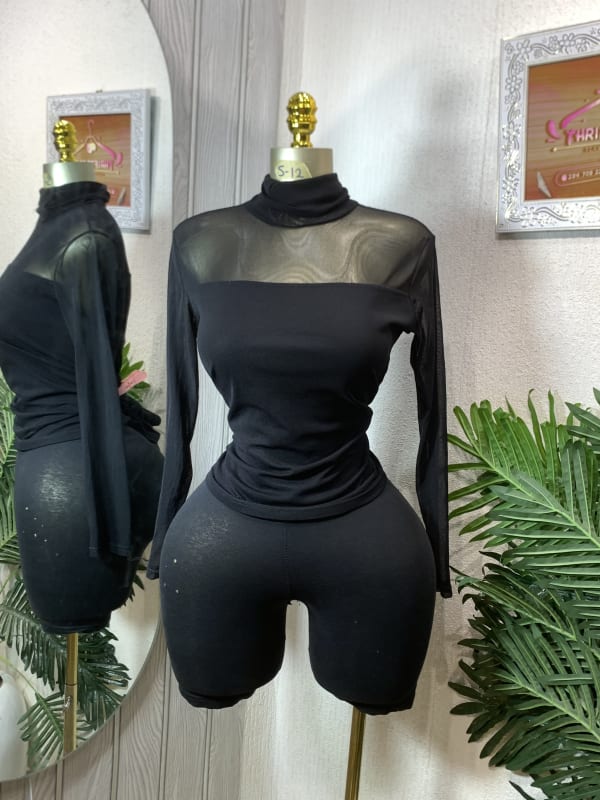 Elegant Black Mock Neck Mesh Panel Bodysuit