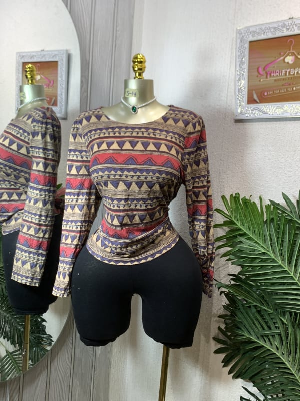 Vintage Boho Long-Sleeve Tribal Print Top