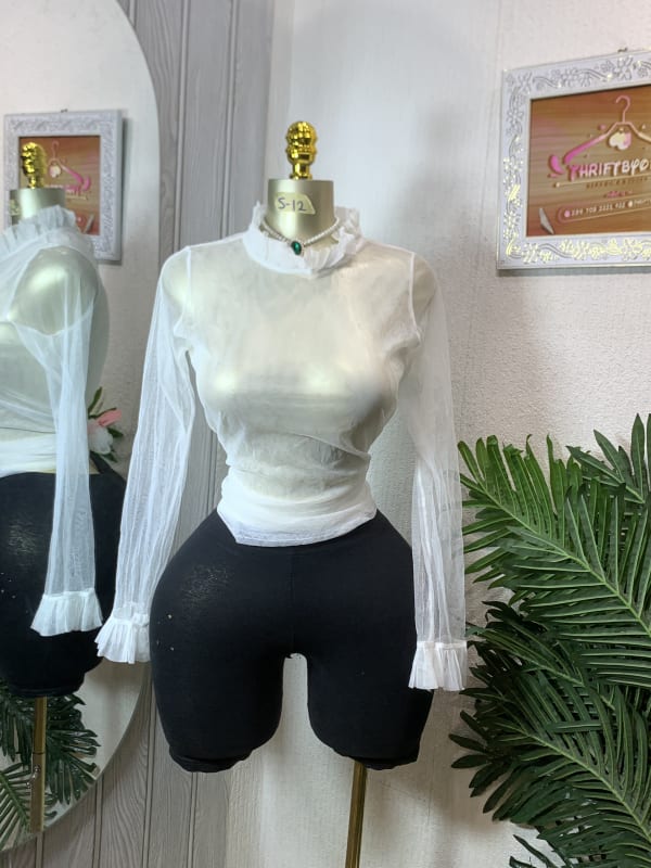 Elegant Sheer White Mock Neck Top with Ruffled Cuffs