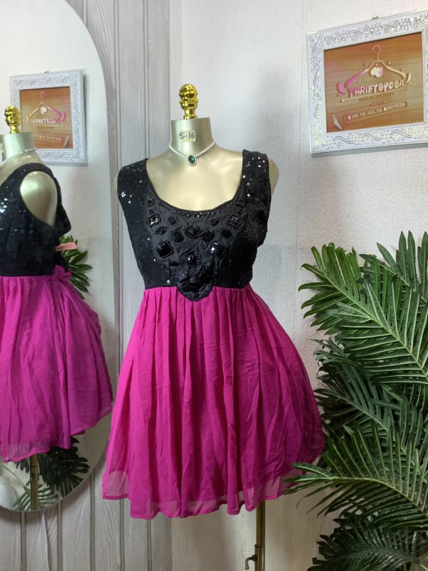 Black Sequin & Magenta Chiffon Party Dress