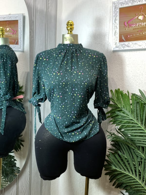 Women's Celestial Print Mock Neck Tie-Sleeve Blouse