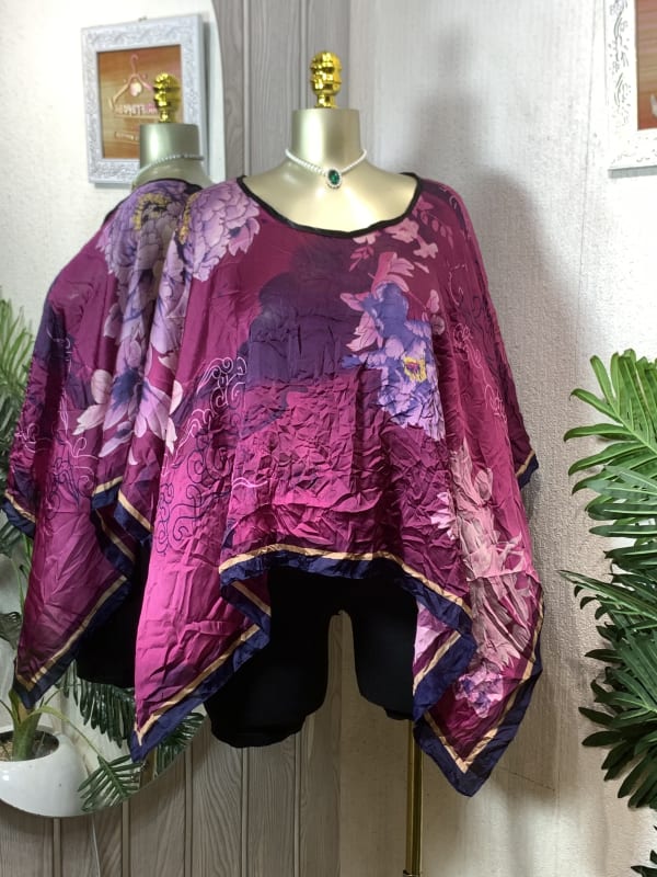 Boho Floral Silk Blend Poncho Top - Magenta