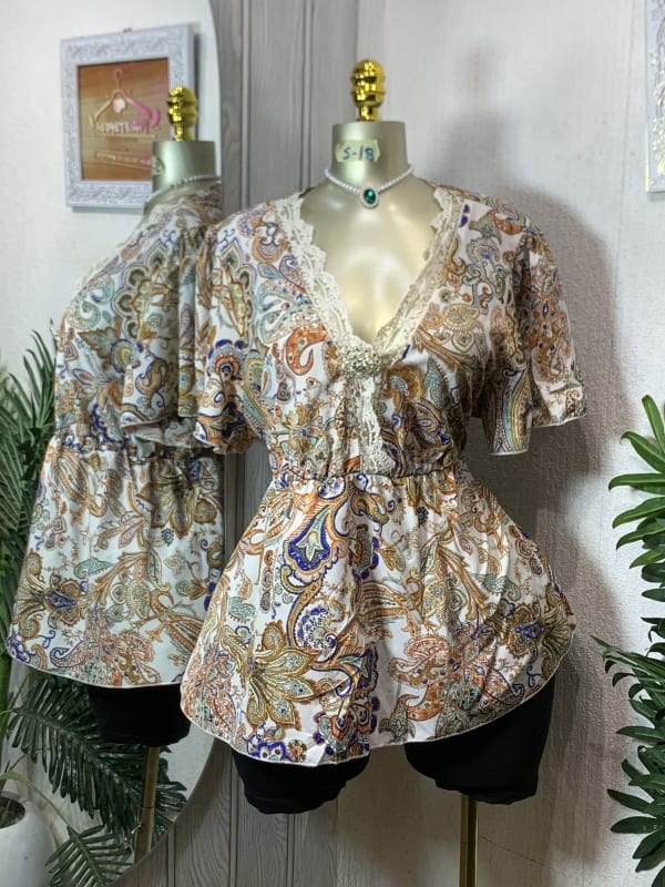 Boho Paisley V-Neck Peplum Blouse with Lace Detail