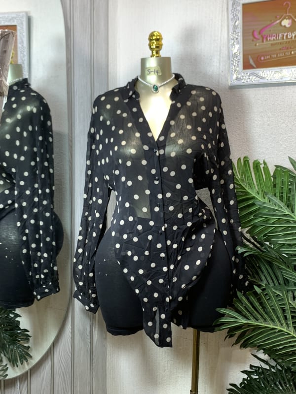 Sheer Black Polka Dot Button-Down Blouse