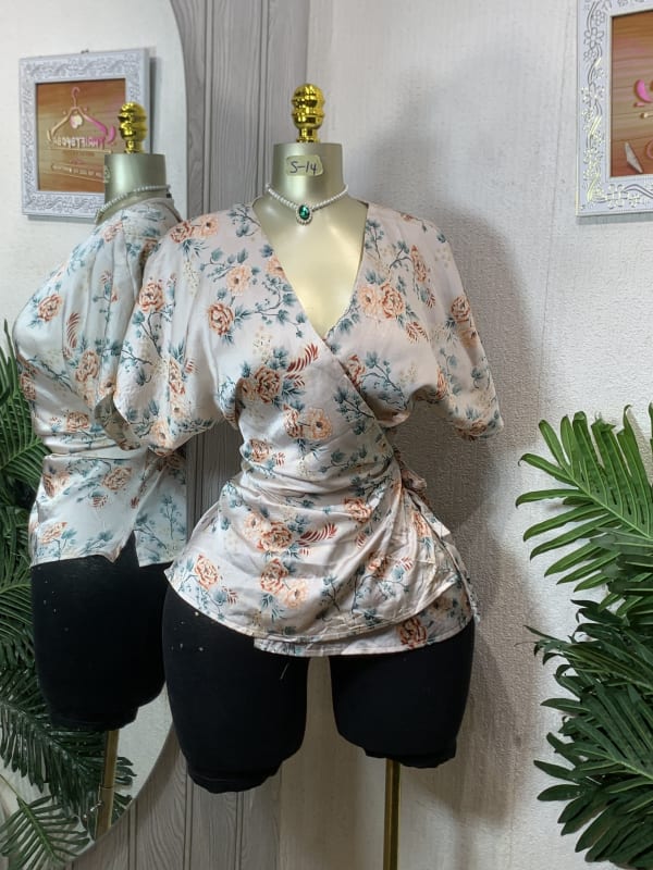 Elegant Floral Satin Wrap Blouse with Kimono Sleeves