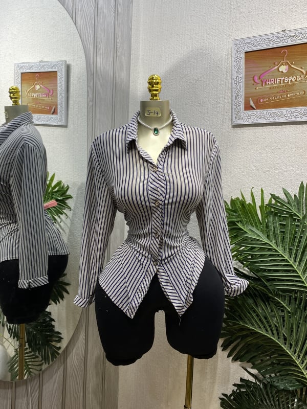 Women's Classic Navy and White Striped Button-Down Shirt