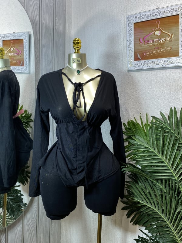 Women's Black Long Sleeve Tie-Front Peplum Top