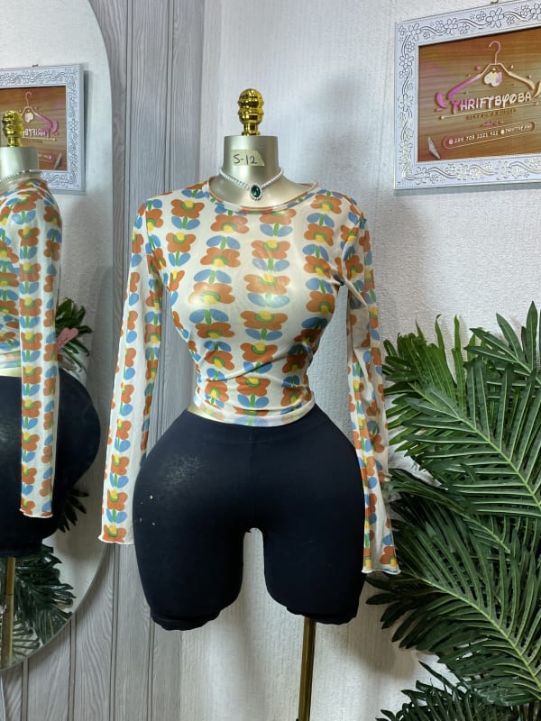 Retro Floral Print Sheer Long Sleeve Top