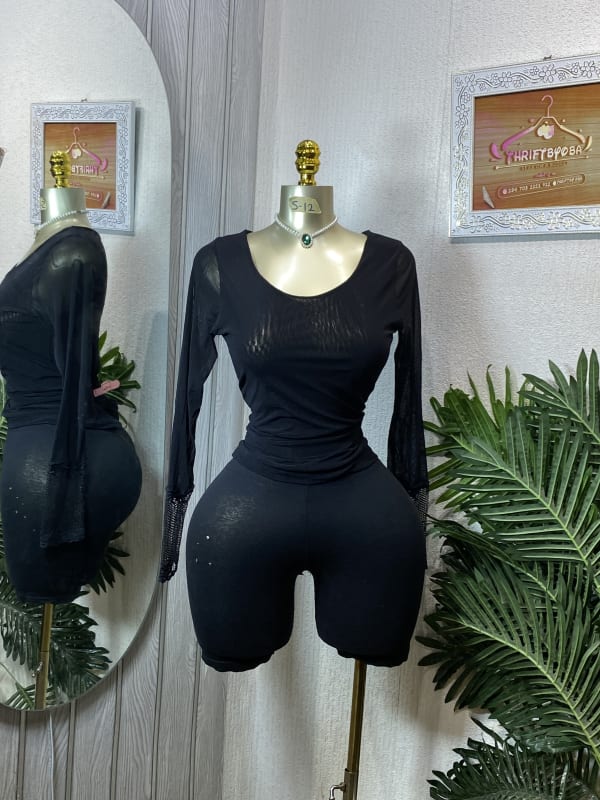 Women's Black Long Sleeve Mesh Accent Bodysuit Set