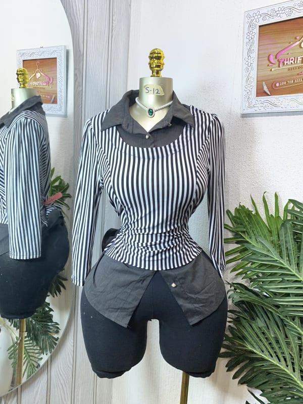 Women's Black and White Striped Long Sleeve Polo Blouse