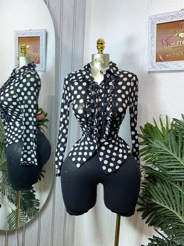 Vintage Polka Dot Ruffled Button-Down Blouse