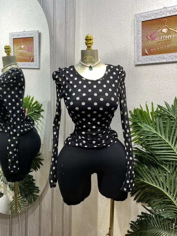 Black Polka Dot Mesh Long Sleeve Fitted Top