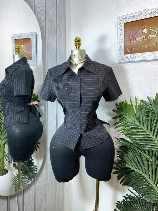 Women's Black Pinstriped Short-Sleeve Button-Up Shirt