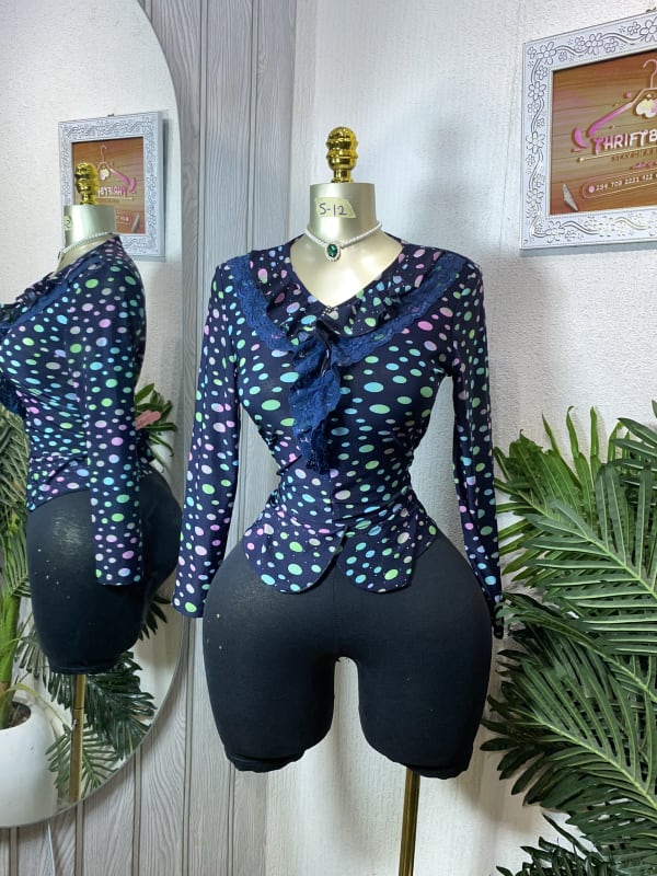 Women's V-Neck Polka Dot Long Sleeve Blouse with Lace Trim