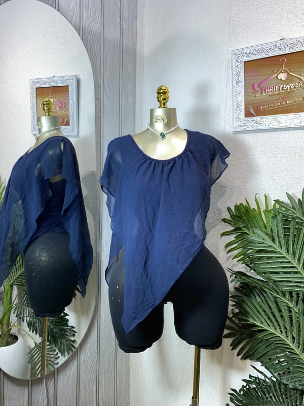 Elegant Navy Blue Asymmetrical Chiffon Blouse