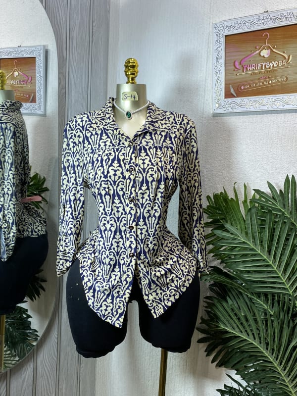 Vintage-Inspired Navy and Cream Patterned Button-Down Shirt