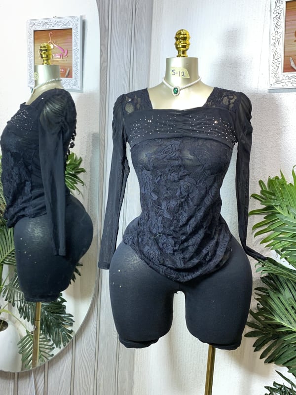 Elegant Black Lace Rhinestone Long-Sleeve Top
