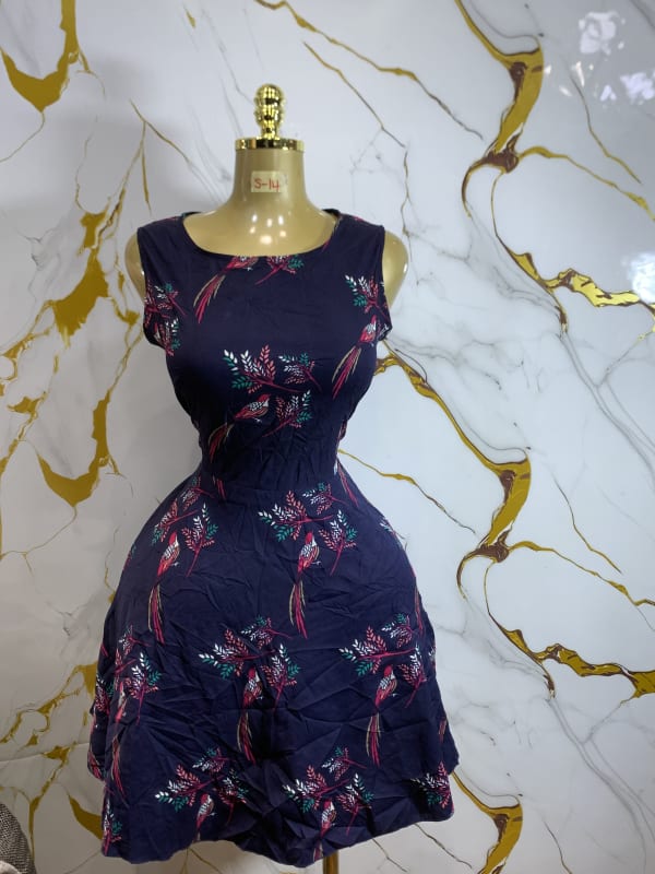 Women's Navy Blue Floral Sleeveless A-Line Casual Dress