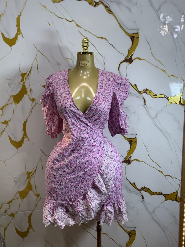 Women's Pink Floral V-Neck Ruffle Wrap Mini Dress