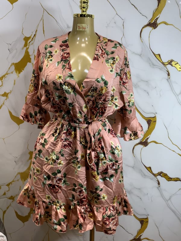 Women's Floral Print Satin Kimono Wrap Robe with Ruffle Hem