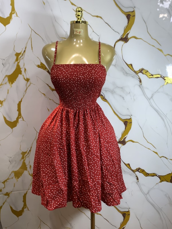 Red Polka Dot Smocked Spaghetti Strap Summer Mini Dress