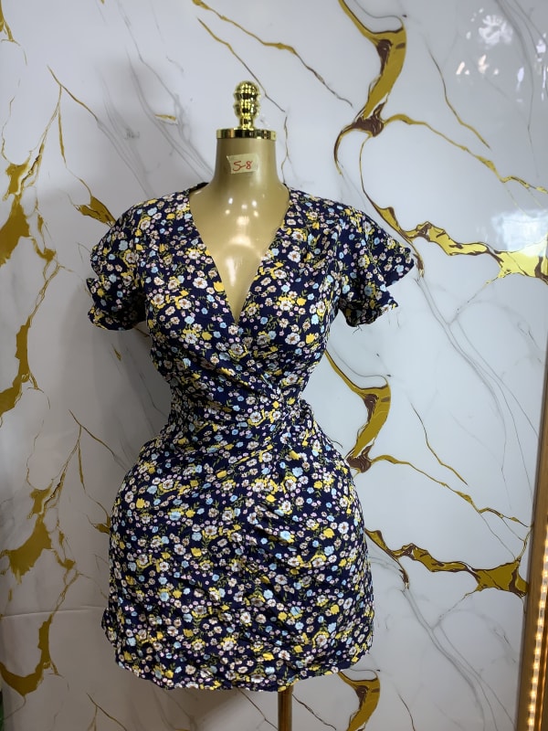 Women's Navy Floral V-Neck Wrap Mini Dress