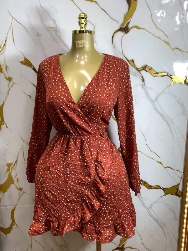 Rust Red Polka Dot Long-Sleeve Ruffle Wrap Mini Dress