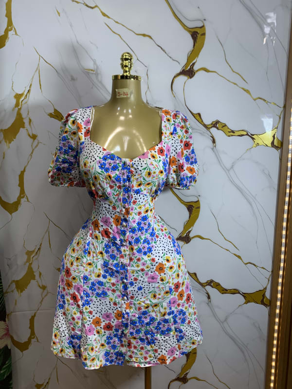 Women's Floral Print Puff Sleeve Button-Down Mini Dress.