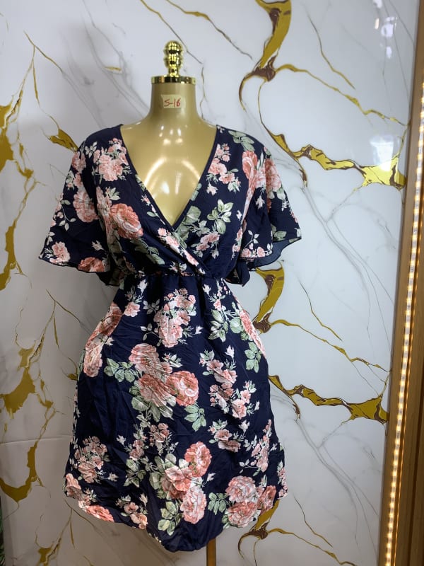 Women's Navy Floral V-Neck Flutter Sleeve Wrap Dress