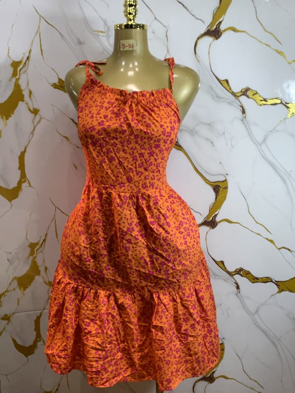 Orange Floral Tie-Strap Tiered Summer Mini Dress