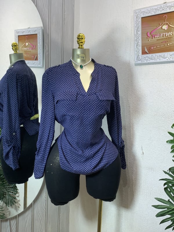 Women's Navy Polka Dot V-Neck Long Sleeve Blouse