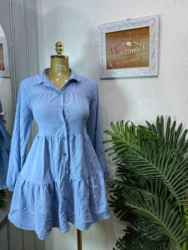 Light Blue Button-Down Tiered Long Sleeve Mini Dress