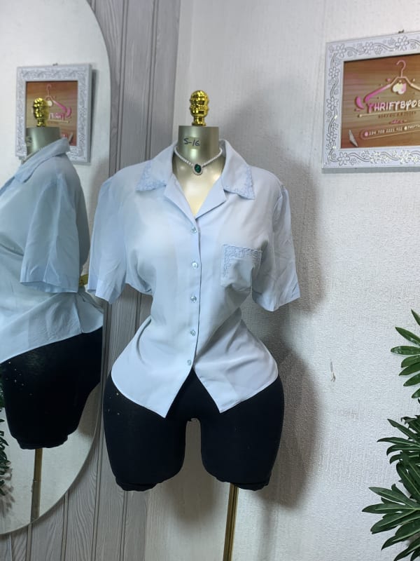 Vintage Light Blue Collared Blouse with Delicate Lace Detail