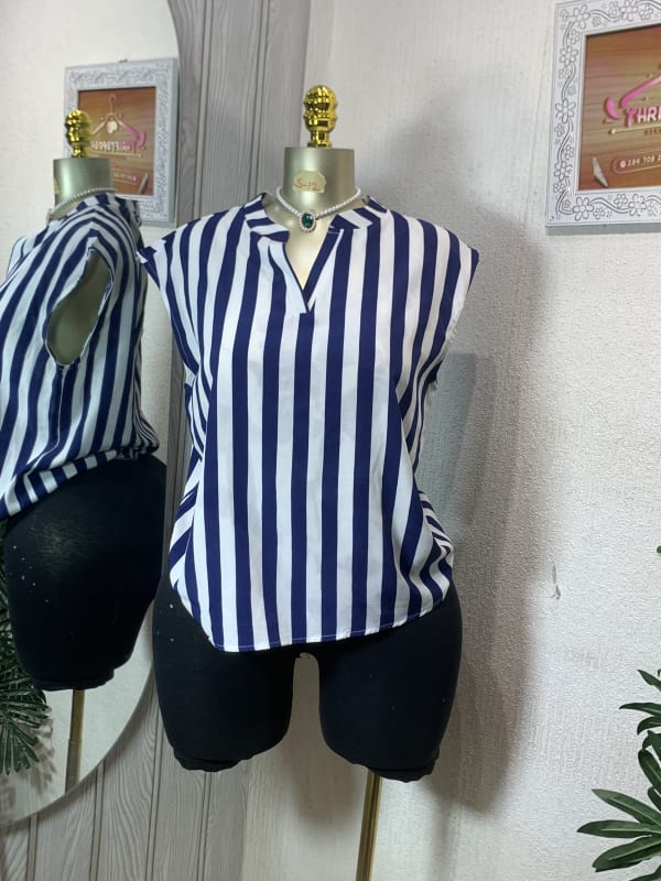 Women's Navy & White Striped V-Neck Sleeveless Blouse