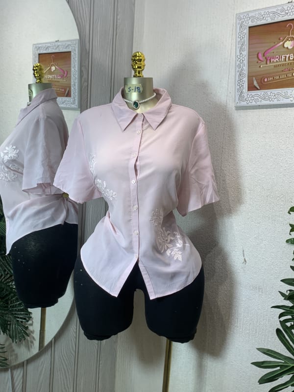 Elegant Pastel Pink Short Sleeve Embroidered Button-Down