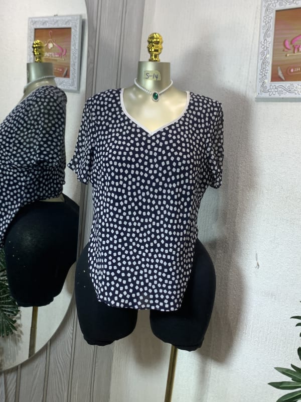 Navy & White Dot V-Neck Short Sleeve Blouse - Casual Chic Top