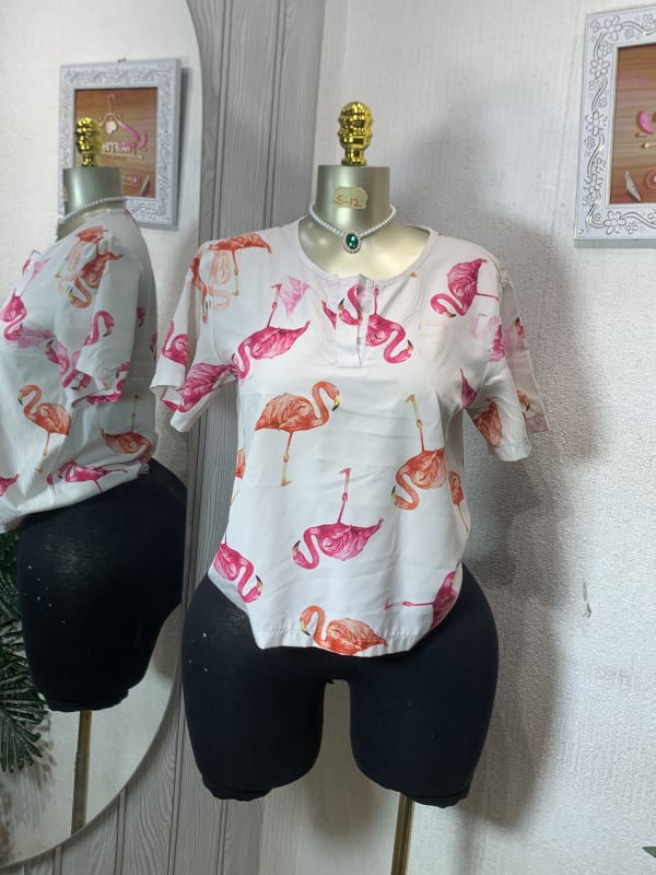 Women's Flamingo Print Short Sleeve Henley Shirt