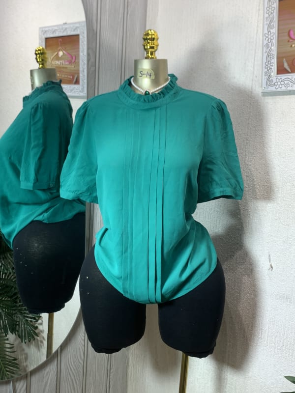 Elegant Teal Puff Sleeve Pleated Blouse