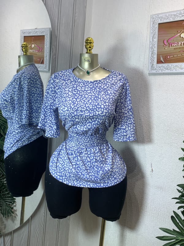 Women's Blue Leopard Print Smocked Waist Peplum Top