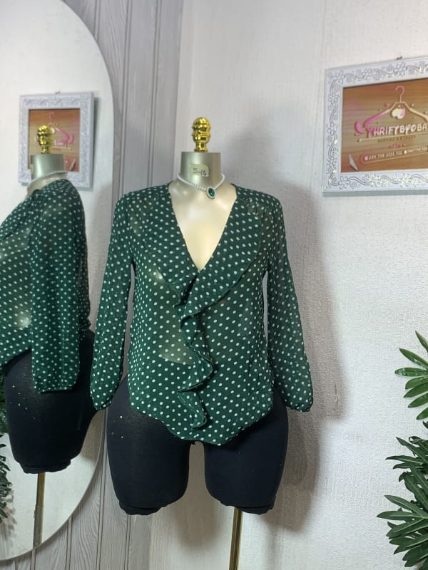 Women's Sheer Green Polka Dot Ruffle Blouse