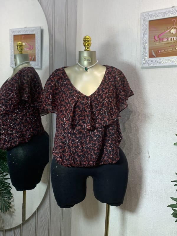 Elegant Black and Red Floral Shimmer Ruffle Blouse