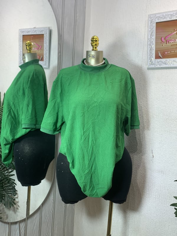 Vibrant Green Textured High-Neck Short Sleeve Top