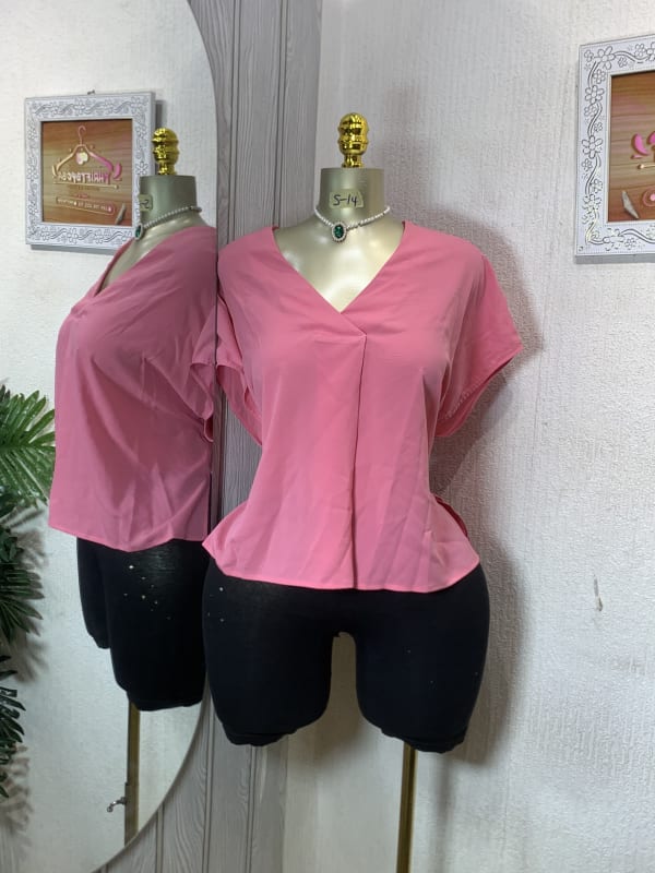 Elegant V-Neck Short Sleeve Blouse - Pink