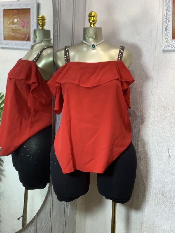 Off-Shoulder Red Top with Embellished Straps