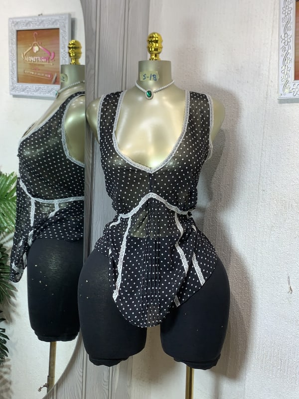 Vintage Polka Dot Sheer Lace Trim Sleeveless Top