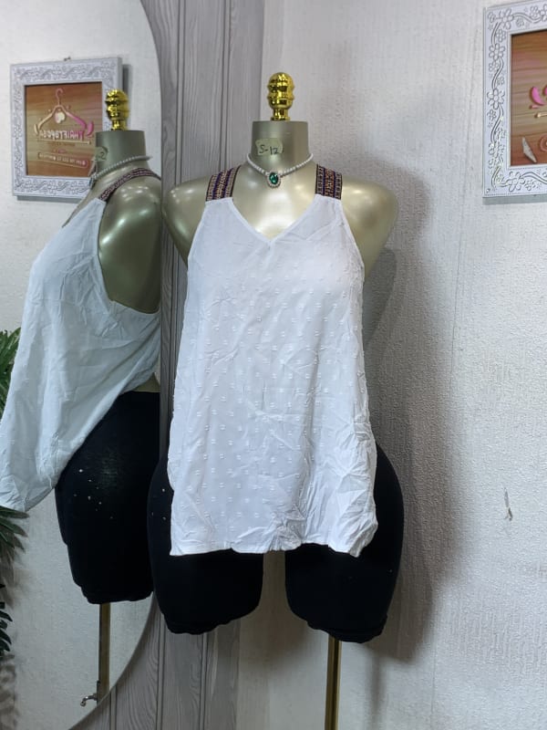 Women's White Swiss Dot Tank with Embroidered Straps