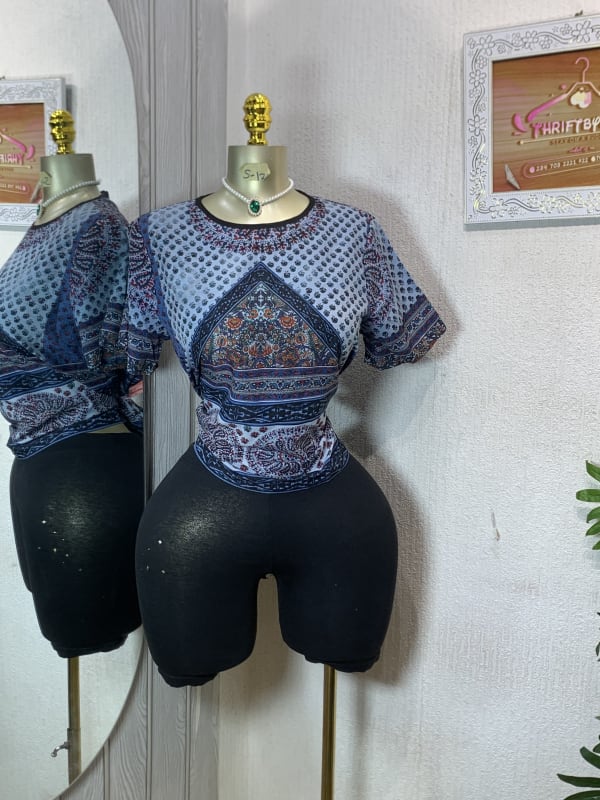 Boho Patterned Short Sleeve Top & Black Leggings Set